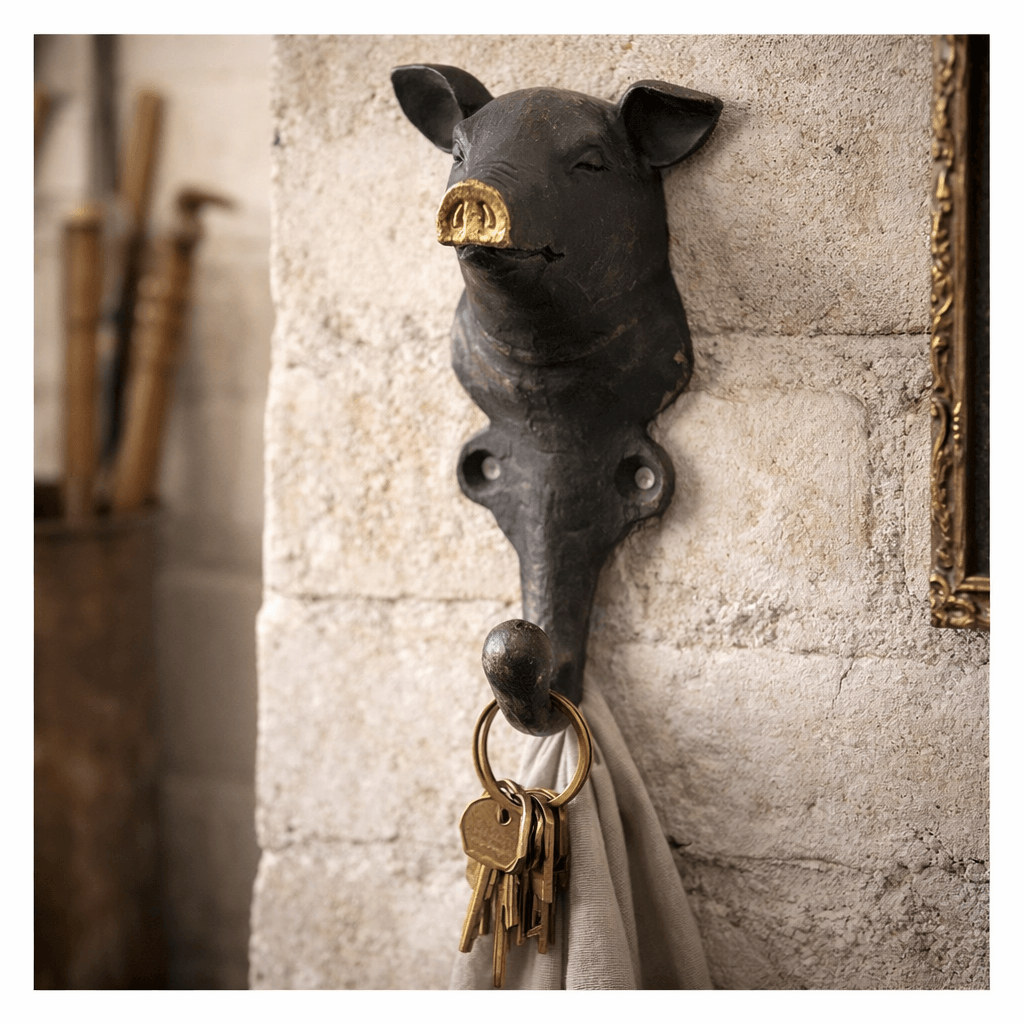 Cast Pewter Pig Hook with Gold Nose