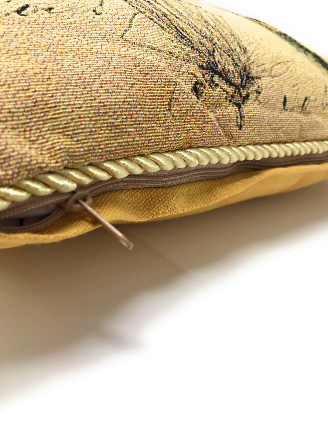 Close-up of Vintage Dragonfly Tapestry Pillow with Floral Motif (Set of 2), showcasing intricate fabric design and zipper detail.