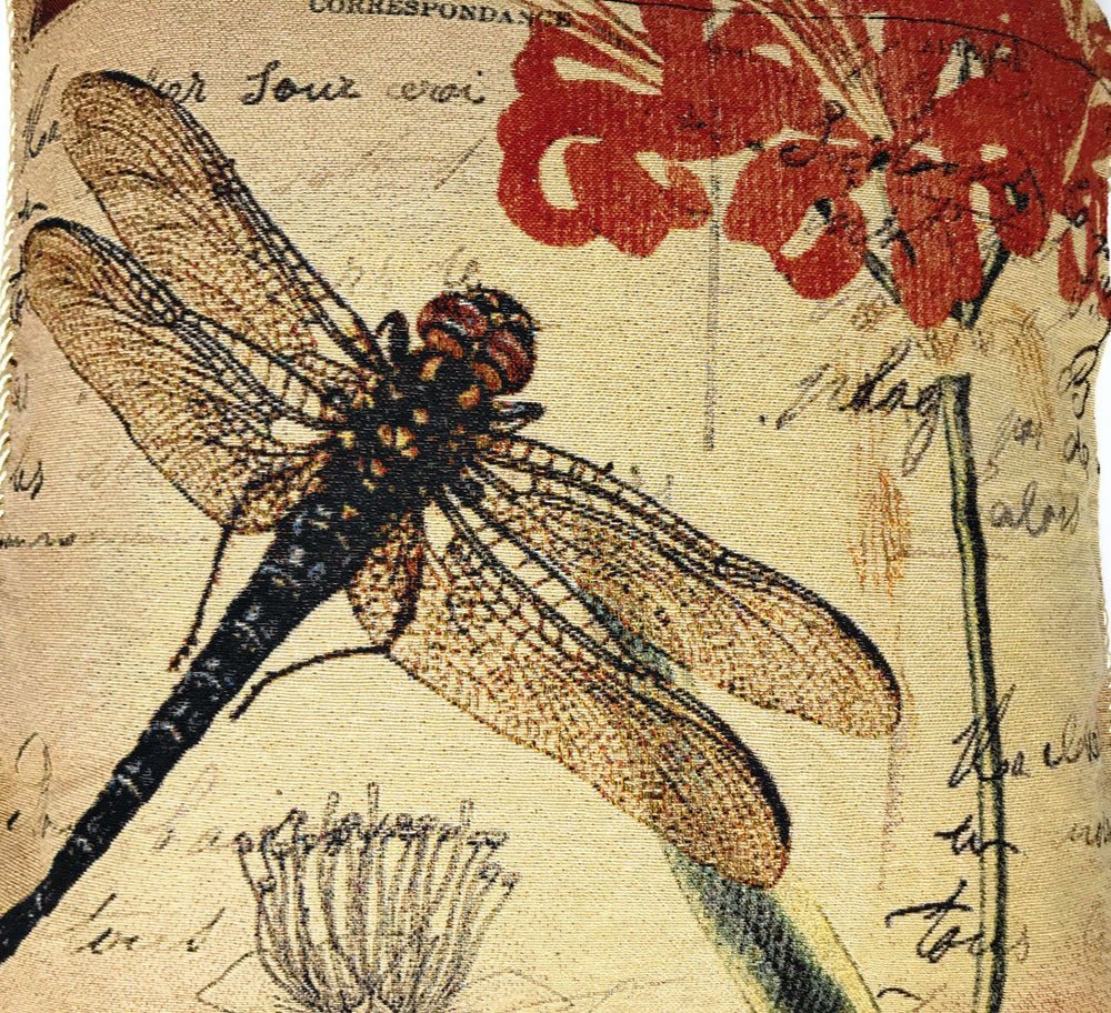 Vintage Dragonfly Tapestry Pillow with Floral Motif (Set of 2) showcasing intricate dragonfly and floral design on woven fabric.
