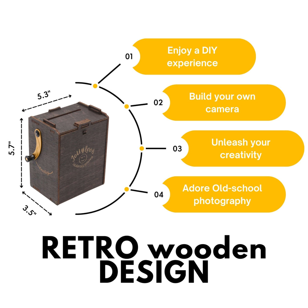 Pinhole Square Instant Film Camera DIY Kit featuring retro wooden design and DIY components for building your own vintage camera.