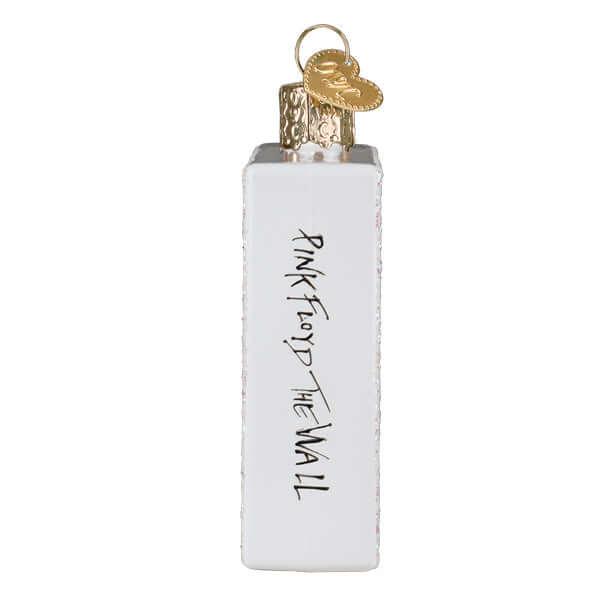 Pink Floyd The Wall Glass Christmas Ornament, handcrafted tribute for music lovers, white rectangular glass with gold detailing.