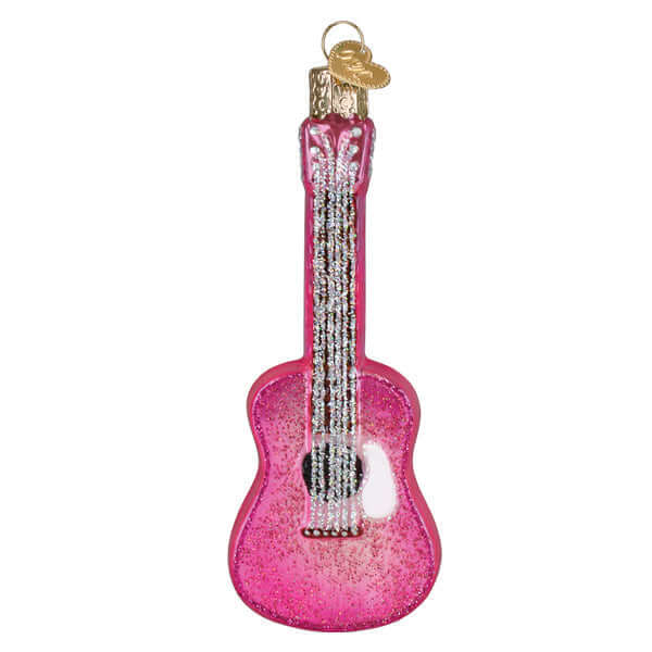 Pink Glitter Guitar Christmas Ornament with sparkling design celebrating music and joy, handcrafted in glass.