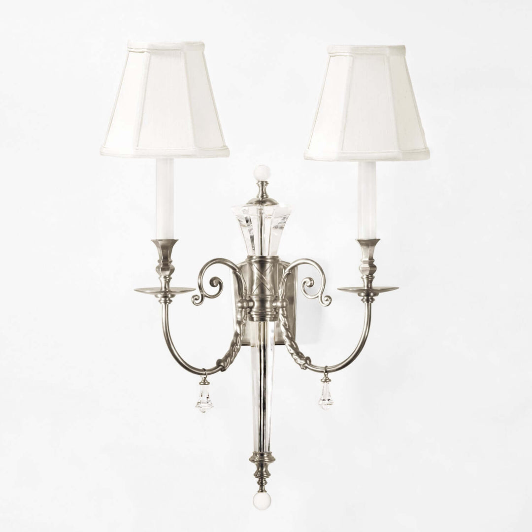 Polished Nickel Double Arm Sconce with Crystal Accents depicting vintage elegance and glamour.