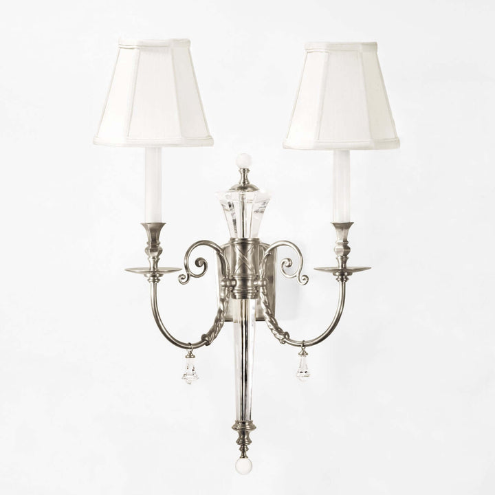 Polished Nickel Double Arm Sconce with Crystal Accents depicting vintage elegance and glamour.