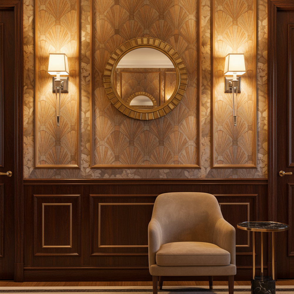 Polished Nickel and Crystal Wall Light with Linen Shade illuminating an elegant room with mirror and armchair