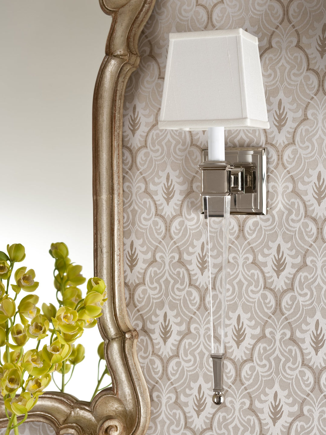 Alt Tag: Polished Nickel and Crystal Wall Light with Linen Shade in elegant interior setting
