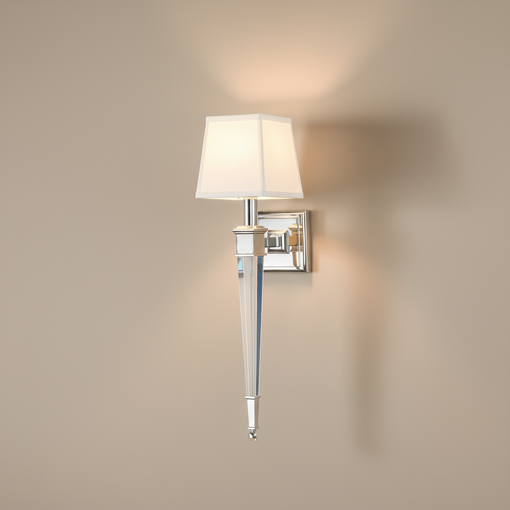 Polished Nickel and Crystal Wall Light with Linen Shade, designed by Ian K. Fowler, showcasing early twentieth-century elegance.
