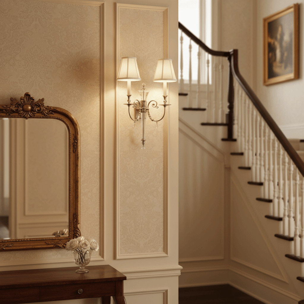 Polished Nickel Double Arm Sconce with Crystal Accents illuminating a classic interior, evoking vintage glamour and sophistication.