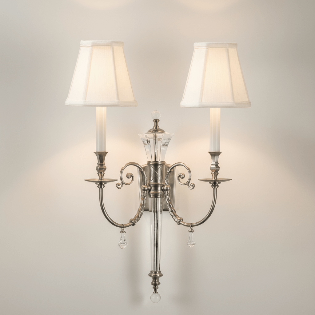 Polished Nickel Double Arm Sconce with Crystal Accents showcasing vintage glamour with hand-cut crystal and polished nickel finish.