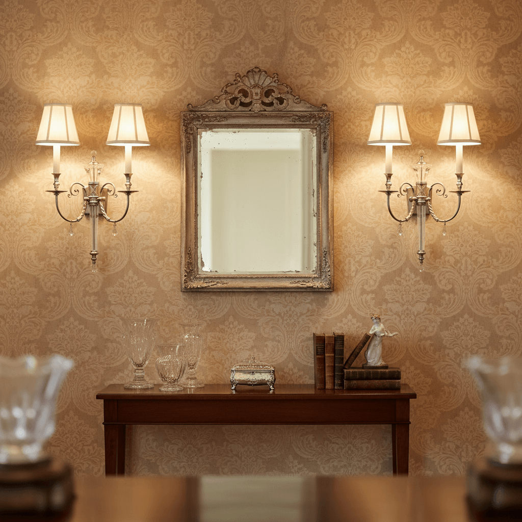 Polished Nickel Double Arm Sconce with Crystal Accents illuminating an elegant vintage-style room with mirror and decorative items.