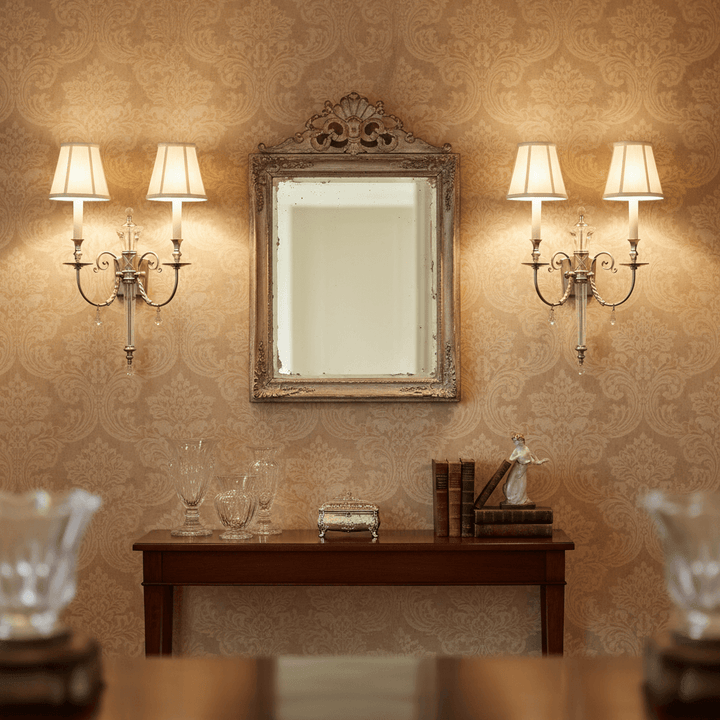Polished Nickel Double Arm Sconce with Crystal Accents illuminating an elegant vintage-style room with mirror and decorative items.