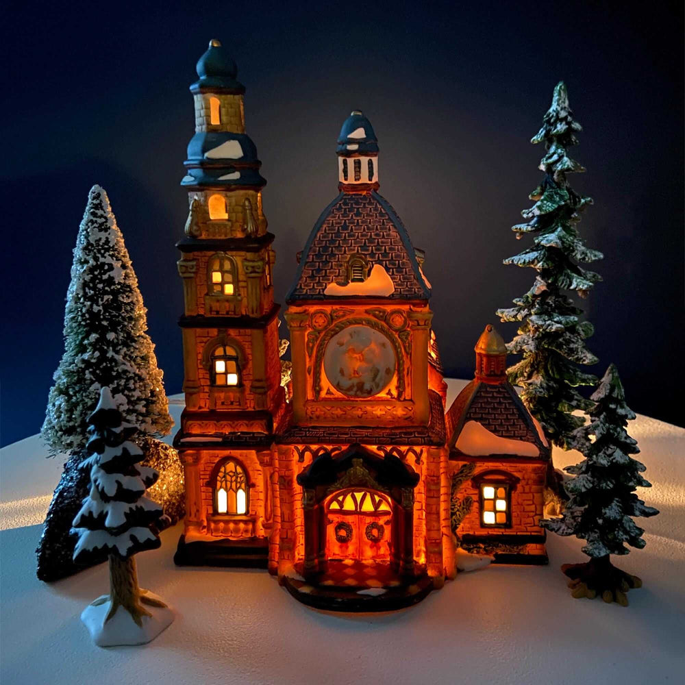 Porcelain Christmas Village St. Mary's Cathedral. Illuminated House of Worship. Home Retail Holiday Decor. Christmas Celebration. Kids Room.