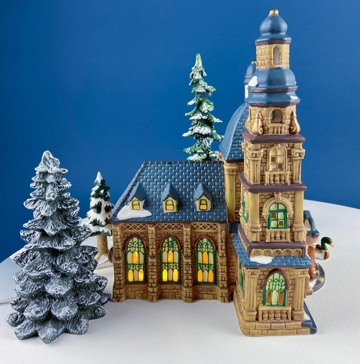Porcelain Christmas Village St. Mary's Cathedral. Illuminated House of Worship. Home Retail Holiday Decor. Christmas Celebration. Kids Room.