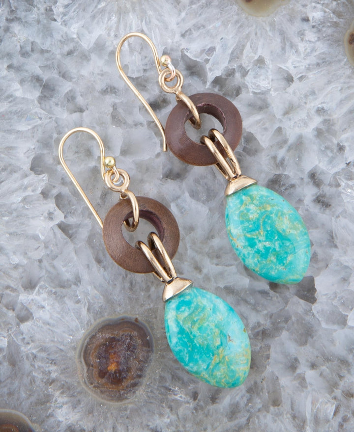 Precious Green Turquoise and Wood Golden Bronze Drop Earrings