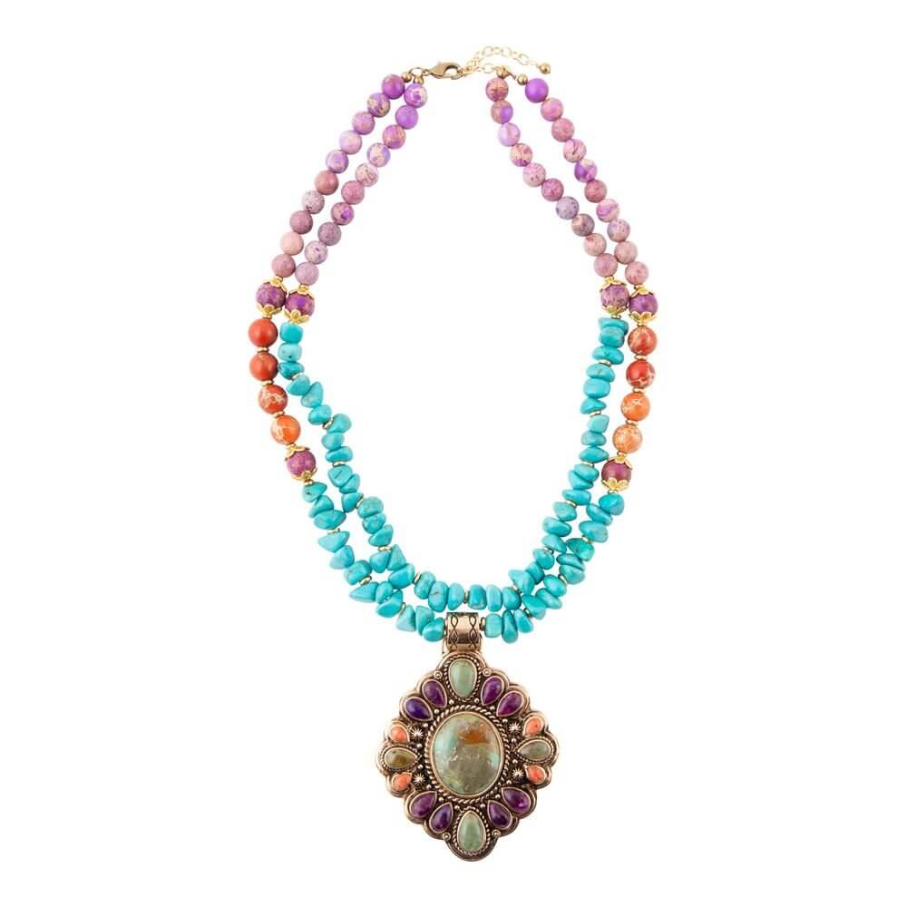 Prescott Blue Turquoise Purple and Orange Statement Pendant Golden Necklace