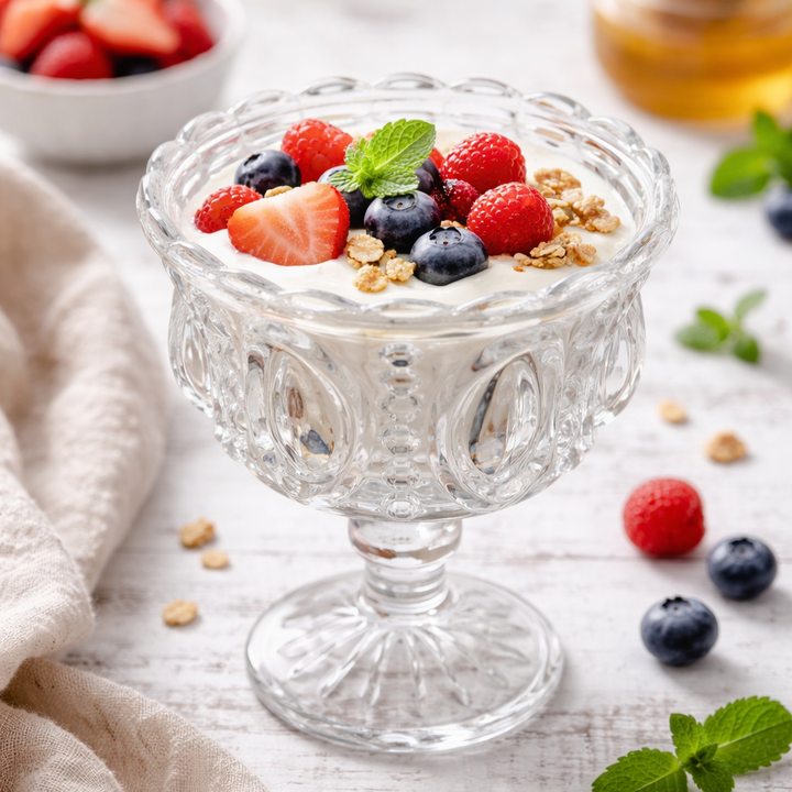 Pressed glass pedestal compote bowl filled with yogurt and berries