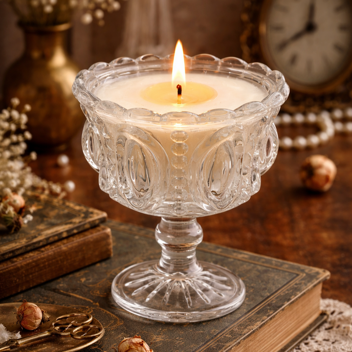 Pressed glass pedestal compote bowl styled with a glowing candle