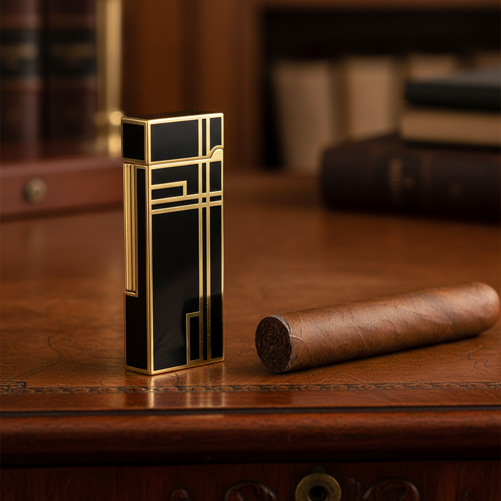 The Prestige Art Deco Lighter in Black and Gold by Jacob Bromwell® on a wooden desk with a cigar nearby.