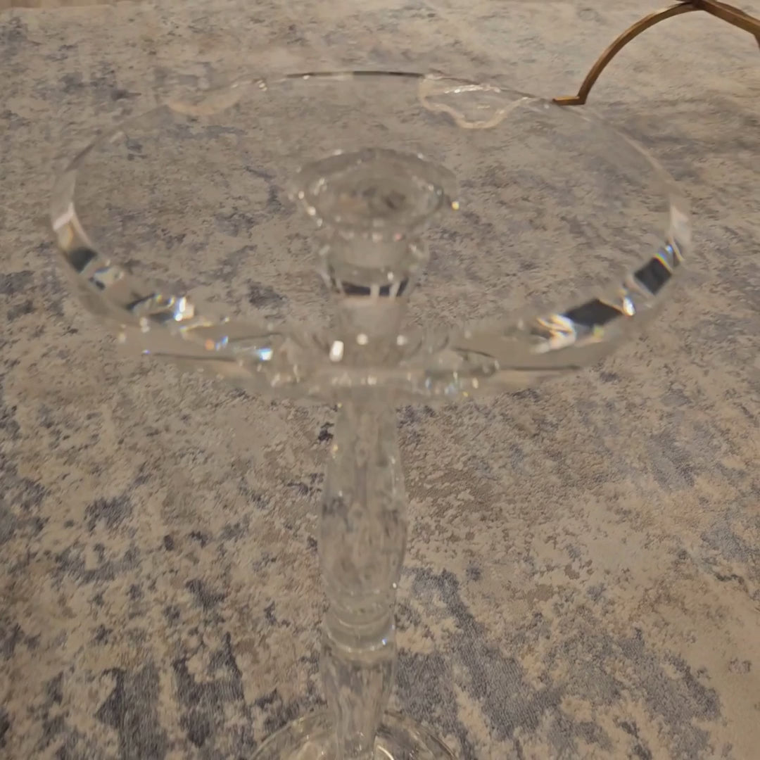 Top view of a clear Sculptural Crystal Pedestal Table highlighting its intricate craftsmanship and vintage charm.
