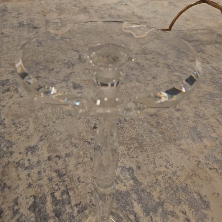 Top view of a clear Sculptural Crystal Pedestal Table highlighting its intricate craftsmanship and vintage charm.