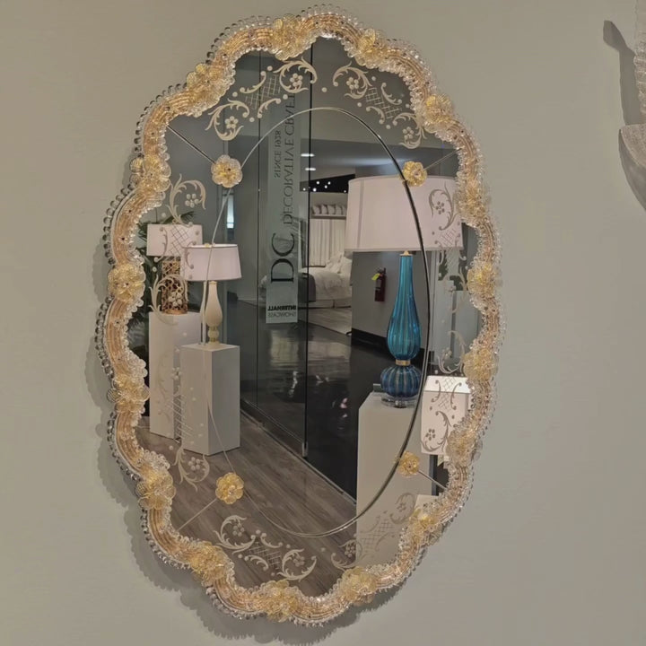 Venetian Murano Glass Oval Mirror with ornate floral design reflecting a modern interior