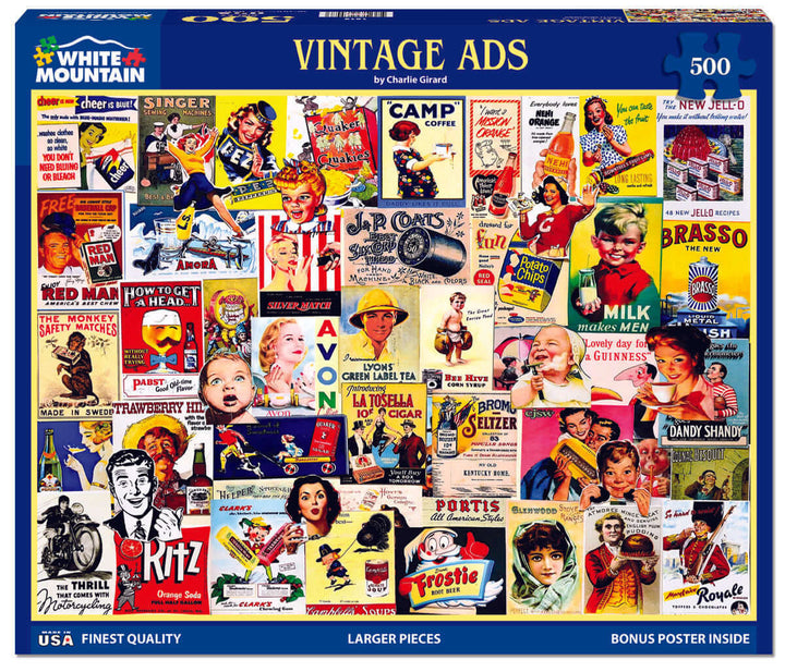 Vintage advertisements puzzle box with colorful retro images and text.