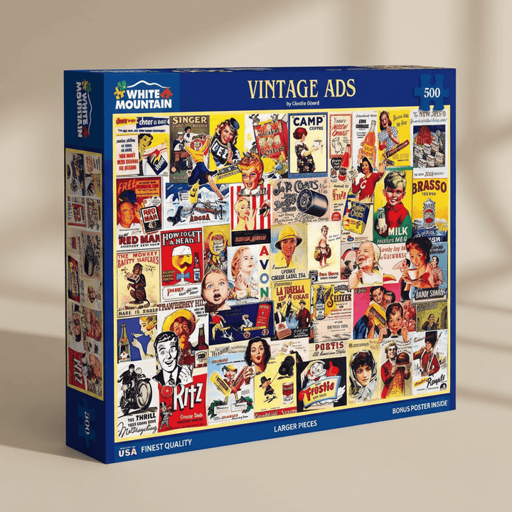 Jigsaw puzzle box featuring vintage advertisements on a beige background