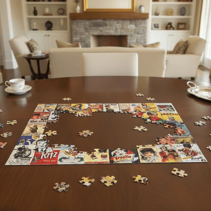 Jigsaw puzzle with completed sections on a wooden table in a living room.
