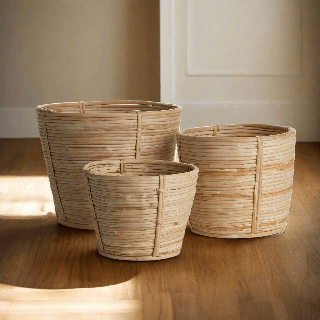Set of 3 handwoven rattan storage baskets for rustic organization in soft honey tones on wooden floor.