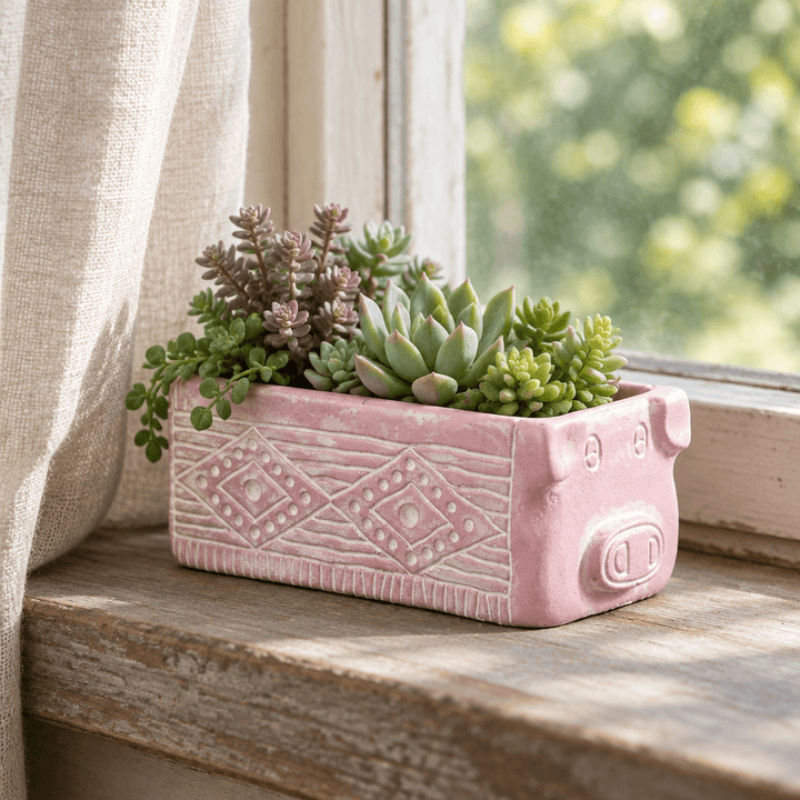 Pink rectangular cement pig planter holding succulents on a wooden windowsill beside a linen curtain