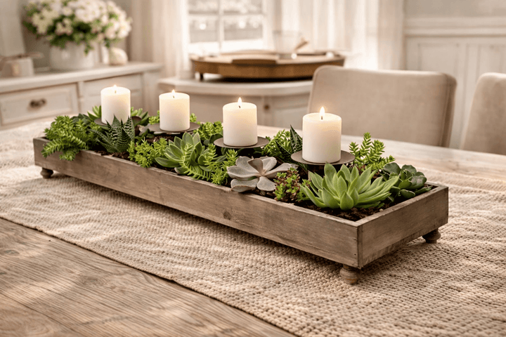 Long recycled pine planter centerpiece with four ivory candles and succulents on a dining table