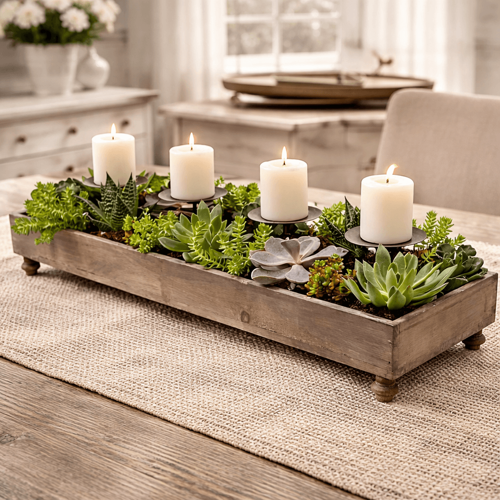 Weathered pine candle planter centerpiece filled with greenery on a farmhouse table