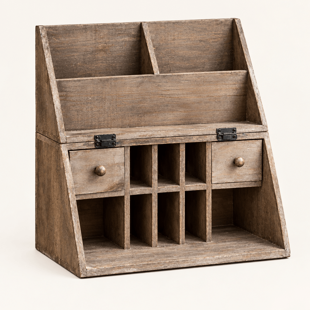 Empty Recycled Wood Folding Desk Caddy showing letter slots compartments and two drawers