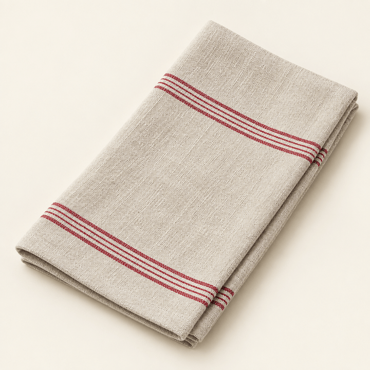 Beige cotton cloth napkin with fine dark red stripes folded on an ivory background.