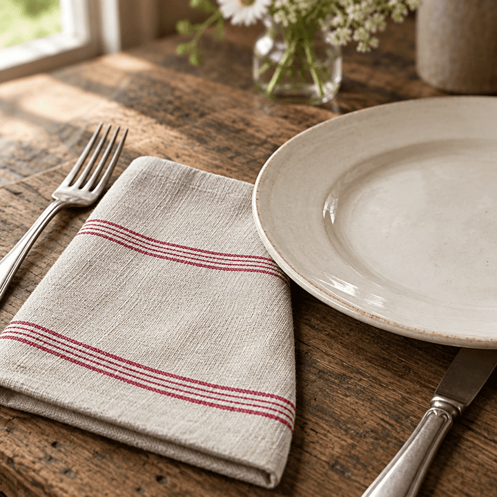 Red stripe cotton cloth napkin styled beside a cream ceramic plate on a wooden dining table.