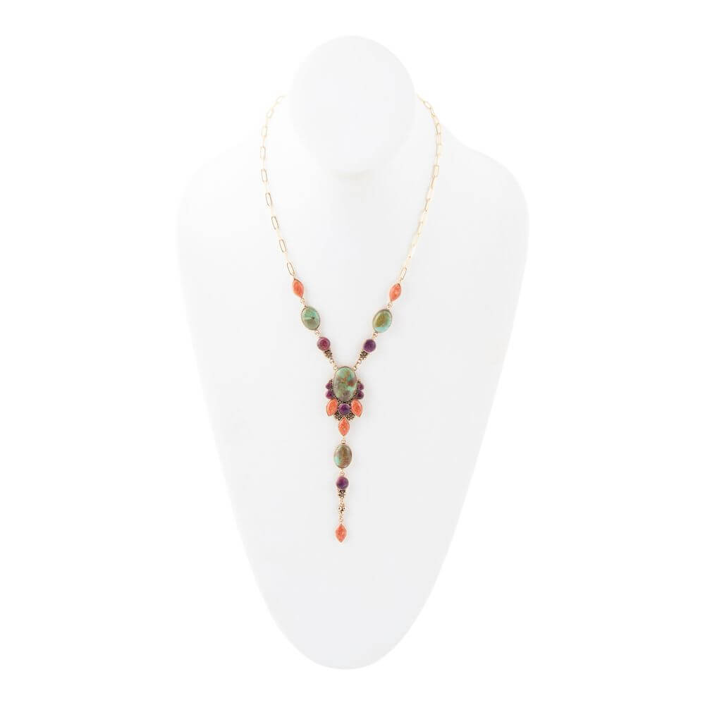 Regalia Blue Turquoise Purple and Orange Coral Golden Y Necklace