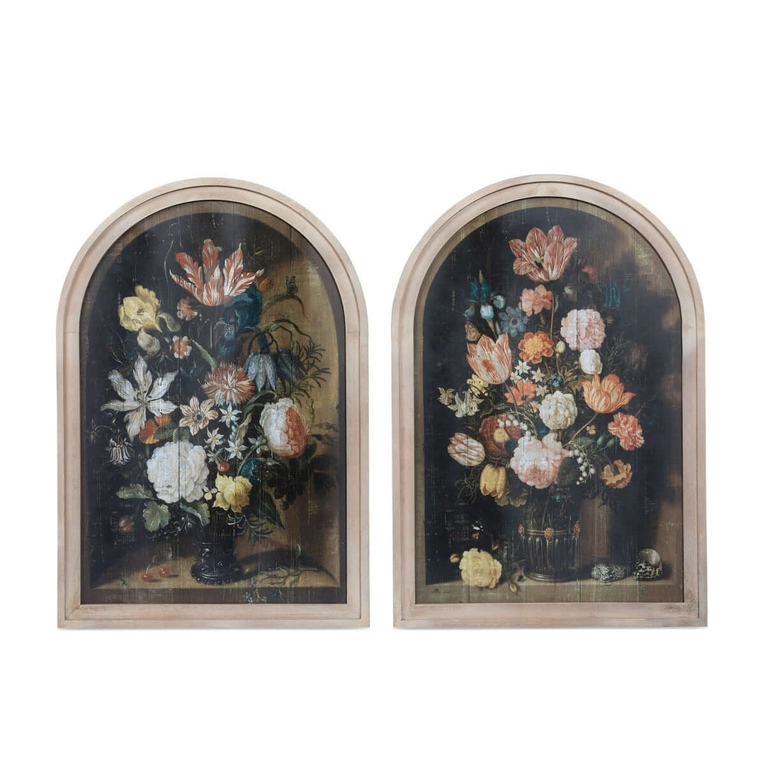 Renaissance Floral Wood Prints with Arched Frames (Set of 2) showcasing baroque floral art inspired by Jacob Marrel.