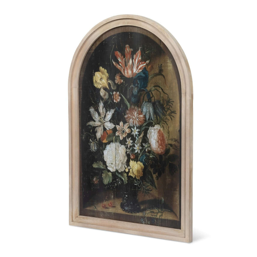 Renaissance Floral Wood Prints with Arched Frames (Set of 2) featuring Dutch Golden Age inspired still life composition.