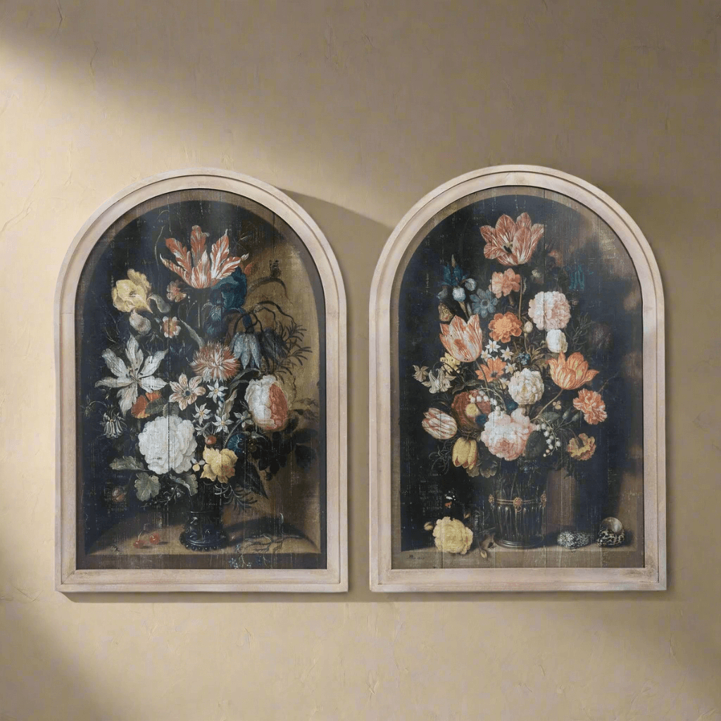 Renaissance Floral Wood Prints with Arched Frames (Set of 2) featuring Dutch still life baroque art, inspired by Jacob Marrel.