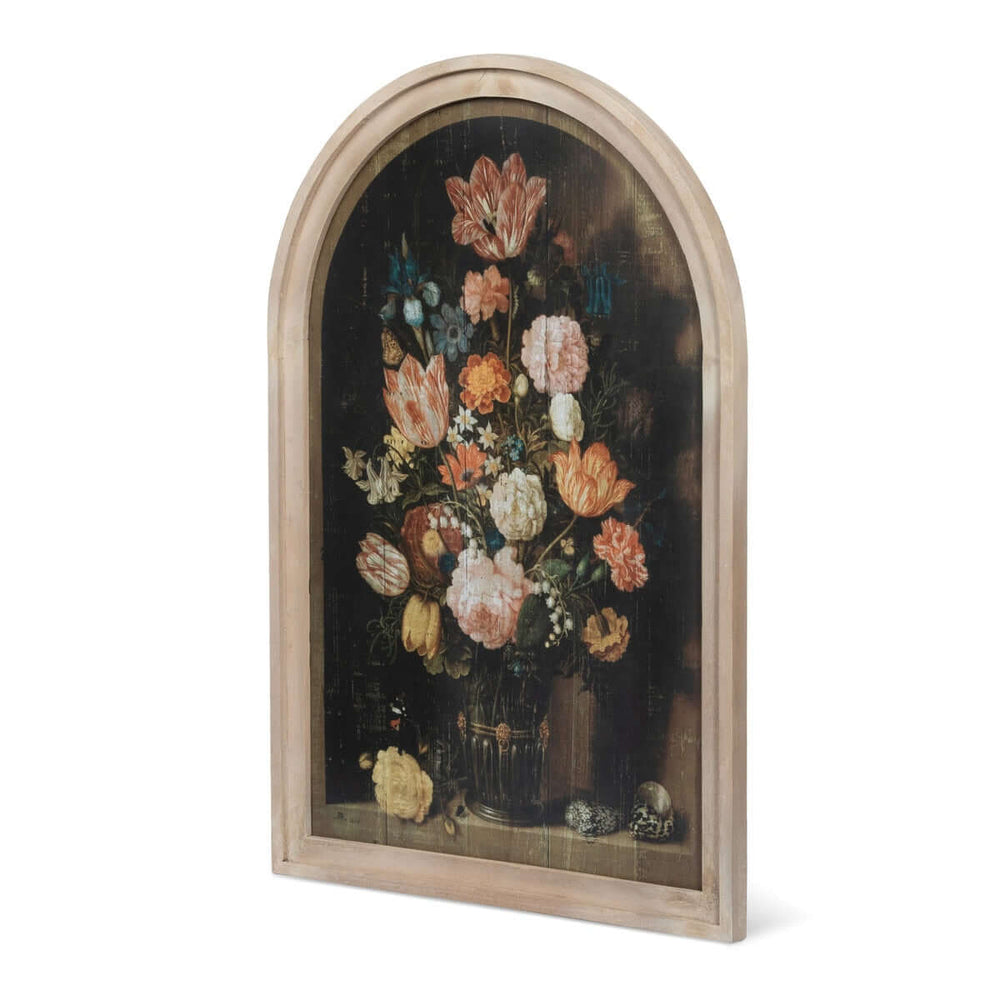 Renaissance Floral Wood Prints with Arched Frames (Set of 2), depicting 17th-century European floral still life in natural arched frame.