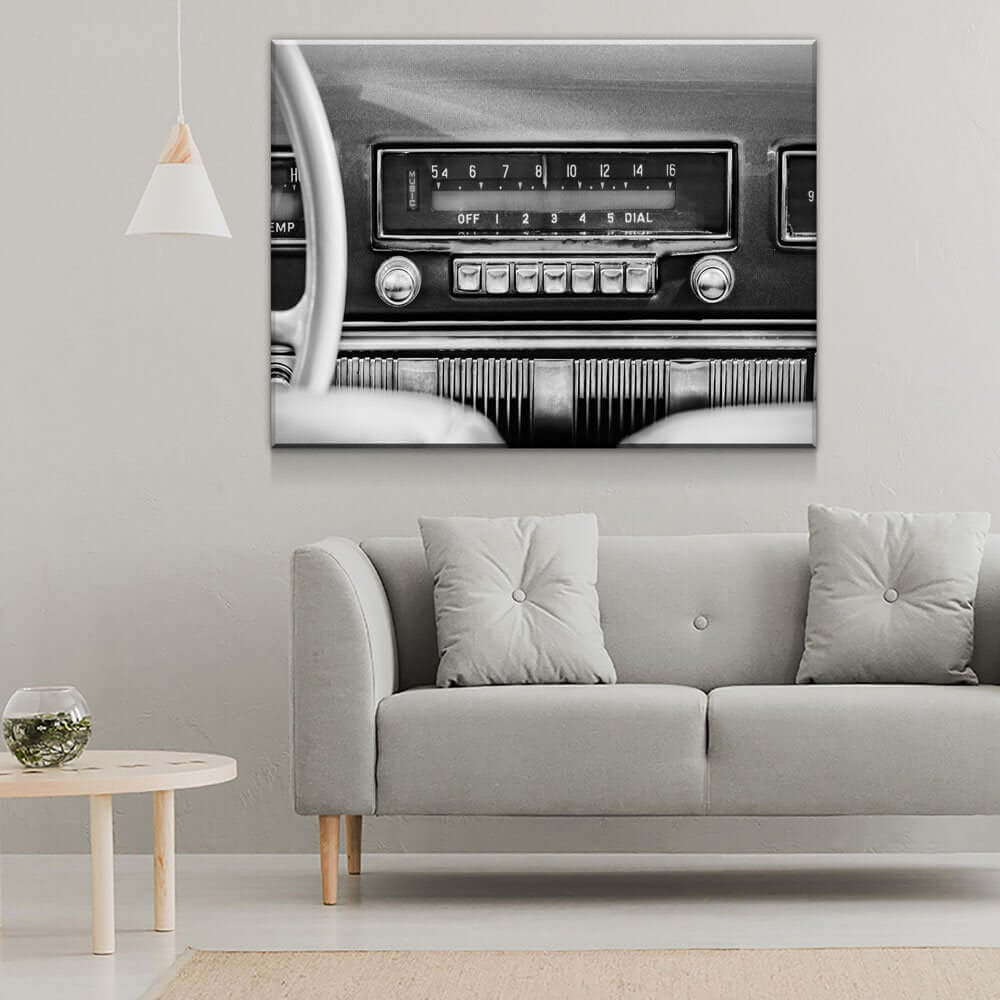 Retro Car Radio Canvas Wall Art displayed in a modern living room setting, vintage car radio theme, perfect for old cars enthusiasts.