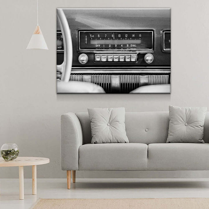 Retro Car Radio Canvas Wall Art displayed in a modern living room setting, vintage car radio theme, perfect for old cars enthusiasts.
