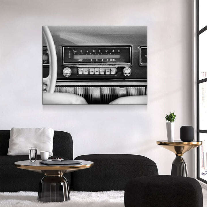 Retro Car Radio Canvas Wall Art featuring vintage car radio design, perfect for old cars enthusiasts, black and white decor, ready to hang.