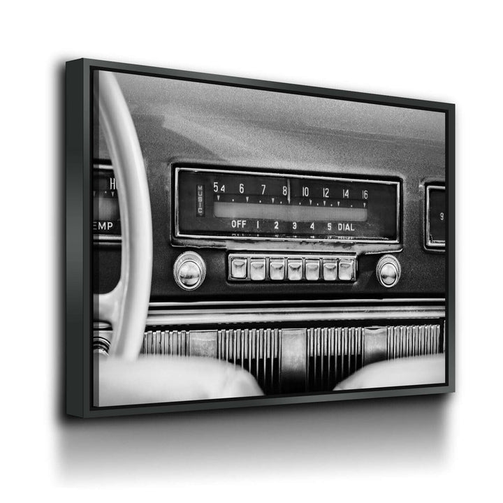 Retro Car Radio Canvas Wall Art, featuring a vintage dashboard, for classic car enthusiasts. Perfect black and white print for home decor.