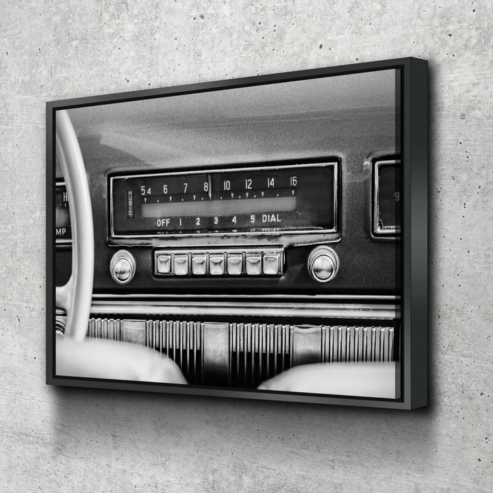 Retro Car Radio Canvas Wall Art, Vintage Car Radio, Old Cars Print hanging on concrete wall