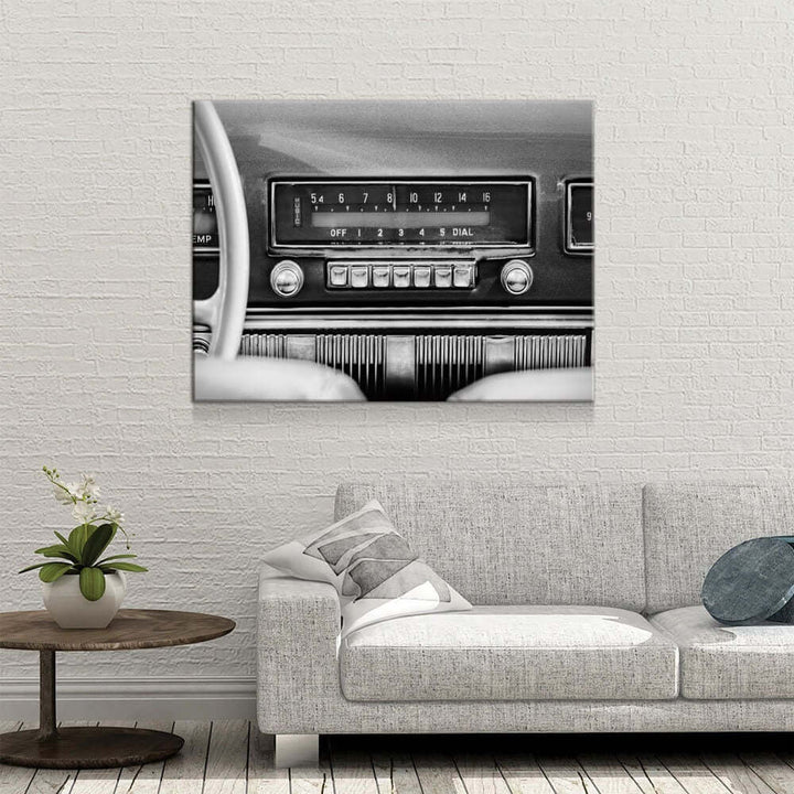 Retro Car Radio Canvas Wall Art, Vintage Car Radio, Old Cars Print in black and white, perfect for home or office decor.