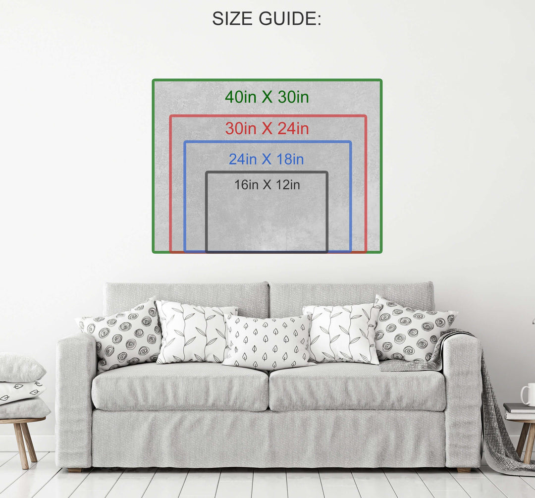 Size guide for Retro Car Radio Canvas Wall Art with different dimensions on a living room wall.