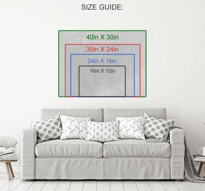 Size guide for Retro Car Radio Canvas Wall Art with different dimensions on a living room wall.