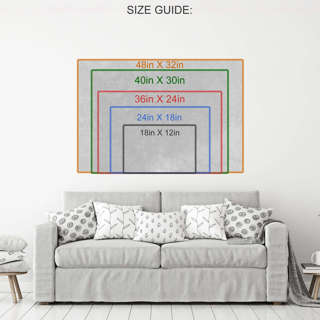 Wall art size guide above a grey sofa showing various frame dimensions for Retro Cassette Tape Motivational Wall Art.