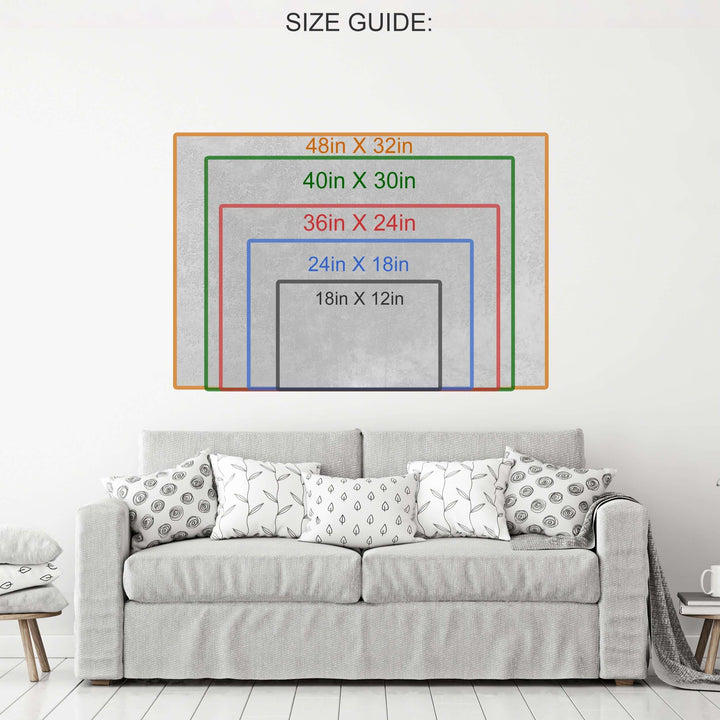 Wall art size guide above a grey sofa showing various frame dimensions for Retro Cassette Tape Motivational Wall Art.